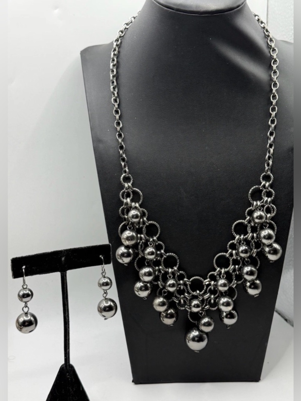 Nena Gunmetal Silver Tone Beaded Bib Statement Necklace and Drop Earring Set